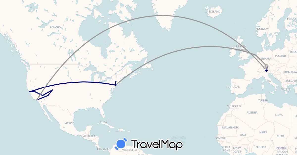 TravelMap itinerary: driving, plane in Germany, Italy, Netherlands, United States (Europe, North America)